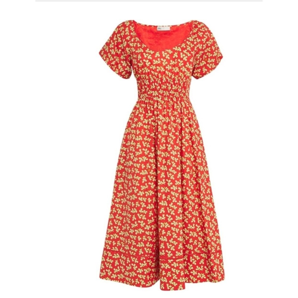 Tory Burch Dress Women 10 Red Poplin Leaf Print Midi Smocked Pockets MSRP $665